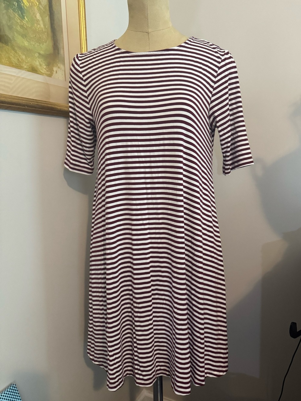 Old Navy Burgundy and White Striped Short Sleeve Swing Dress